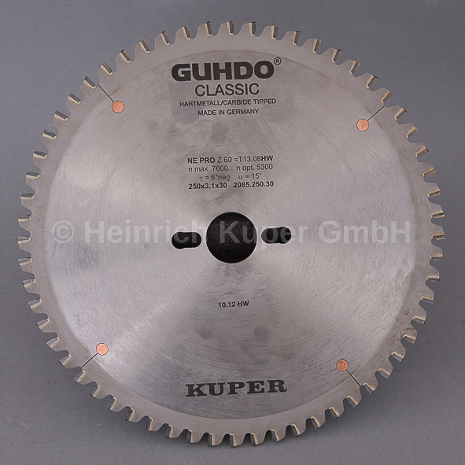 HW-Kreissägeblatt  NE-PRO 250X3,1X30mm   Z=60 TF-neg. 2085.250.30 Hartmetall bestückt, Trapez-Flachzahn negativ, Einsatz auf Kapp- und Gehrungssägen, zum Ablängen von NE- und Kunststoffprofilen