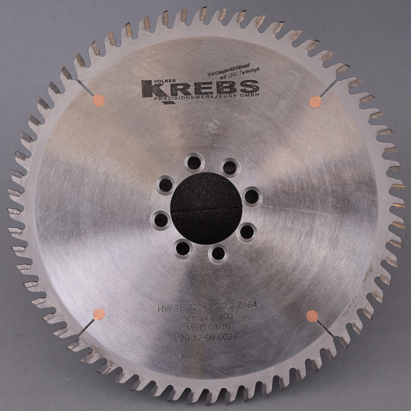 HW-Kreissägeblatt 220x3,2x40mm   Z=64 TF 8NL 5,5/TK 52 mm Senkung oben im ZU Hartmetall bestückt, Trapez-Flachzahn, Einsatz auf CNC-Bearbeitungszentren