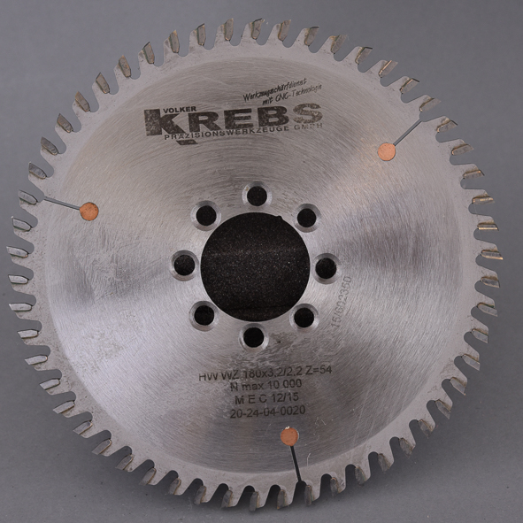 HW-Kreissägeblatt Z=54 WZ 180x3,2x40mm 8 NL, M5 TK 52mm Senkung oben im ZU Hartmetall bestückt, Wechselzahn, Einsatz auf CNC-Bearbeitungszentren