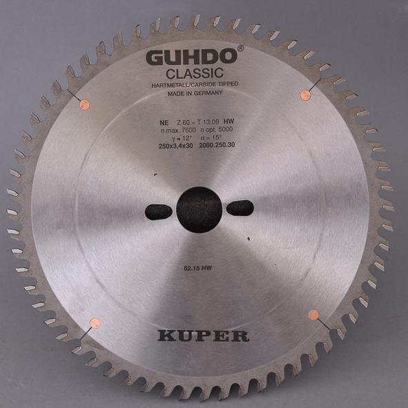 HW-Kreissägeblatt 250x3,4x30 mm   Z=60 TF pos. 2080.250.30 Hartmetall bestückt, Trapez-Flachzahn positiv, Einsatz auf Tisch- und Formatkreissägen, zum Ablängen von NE- und Kunststoffprofilen