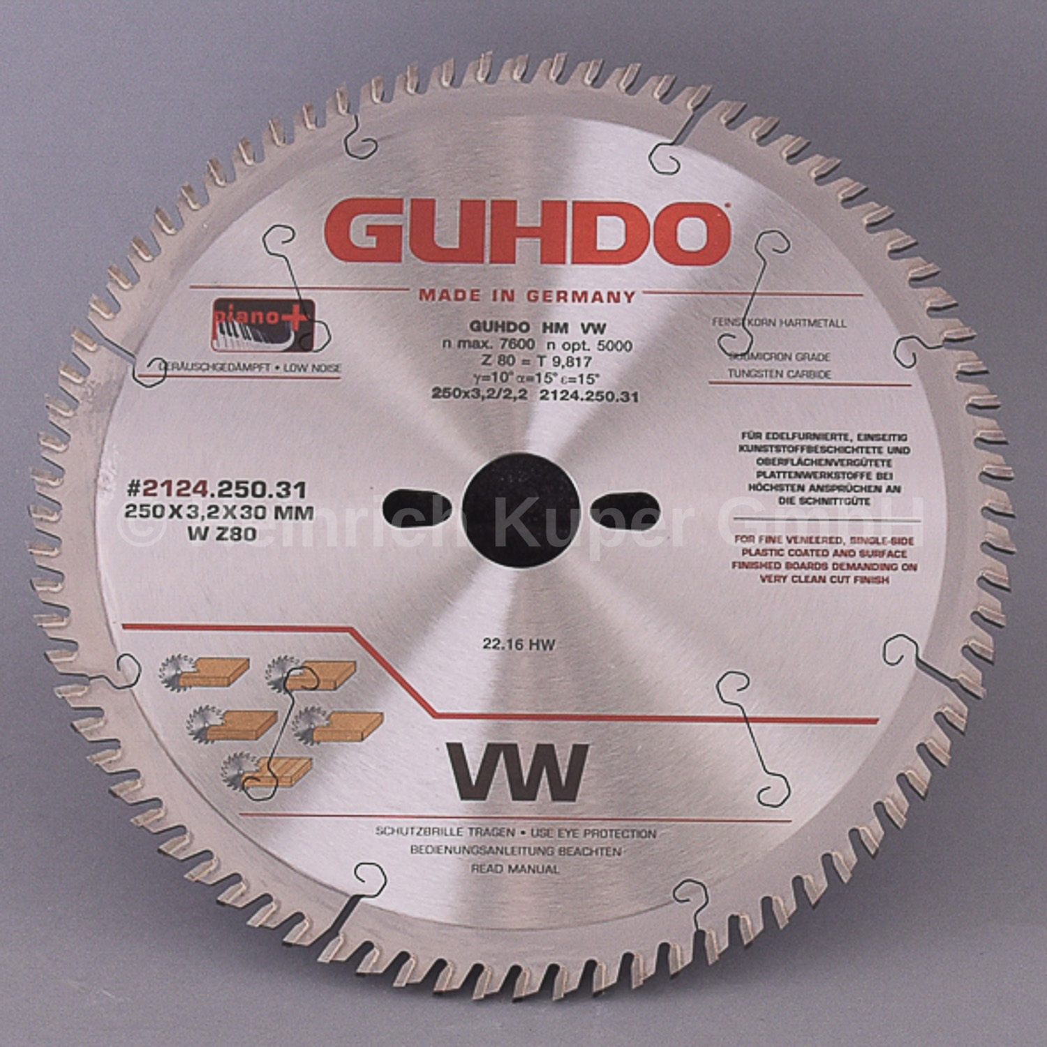 HW-Kreissägeblatt 250X3,2X30mm   Z=80 WZ 2124.250.31 Hartmetall bestückt, Wechselzahn, Einsatz auf Tisch- und Formatkreissägen, für Plattenwerkstoffe bei hohem Anspruch an die Schnittgüte