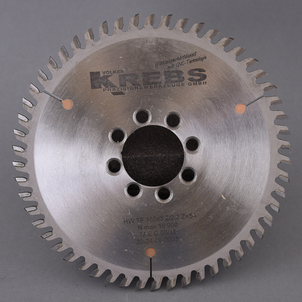 HW-Kreissägeblatt Z=54 TF 180x3,2x40mm 8NL, M5 TK52mm Senkung oben im ZU Hartmetall bestückt, Trapez-Flachzahn, Einsatz auf CNC-Bearbeitungszentren