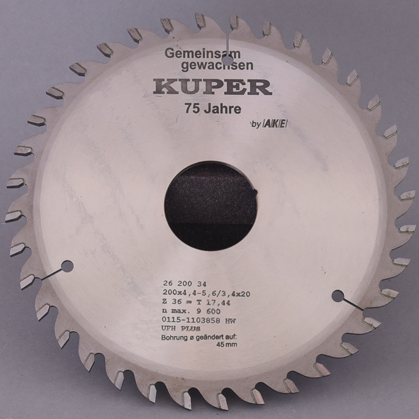 HW-Ritzsägeblatt 200X4,4-5,6/3,4x45mm Z=36 kon. 10111192 / 002620034 Hartmetall bestückt, Flachzahn konisch, Einsatz auf Plattenaufteilsägen
